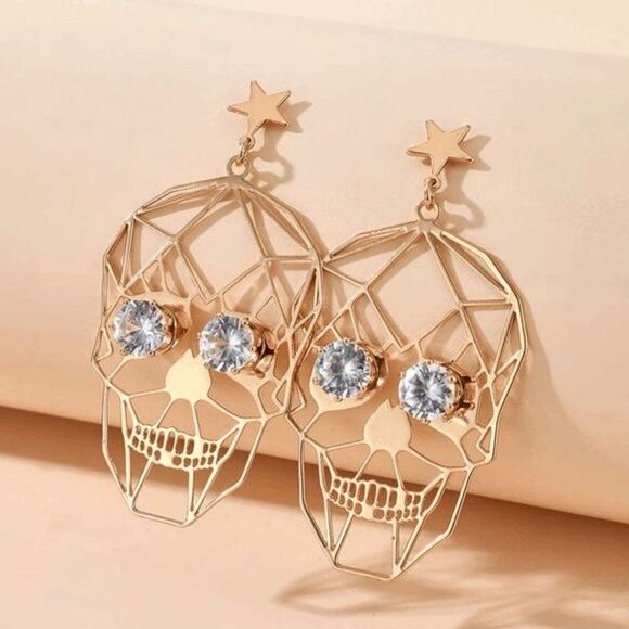 GOLD DIAMOND SKULL DANGLE EARRINGS - Picture 2 of 5